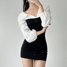 GLAM DIVV Geu Won-ro 露肩翻領鈕扣長袖迷你連身裙 AD1174, 黑色