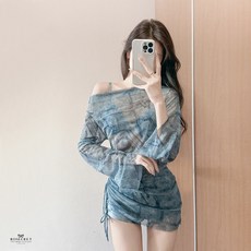 新款分體泳衣三件套 韓版性感罩衫溫泉泳裝 顯瘦遮肚比基尼 海島度假風, 藍色,S（80-90斤）