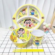 小新卡通兒童餐具套裝：防摔防燙分格餐盤勺，寶寶學生家用可愛餐具, 1【小新蠟筆】,1【造型大碗+杯大手柄+勺子+筷子】, 1個