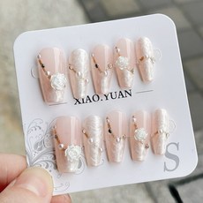 梔子花開 純手工美甲穿戴甲 指甲貼片 - 優雅花開 便捷美甲, 1個, HNP047-長T,M碼