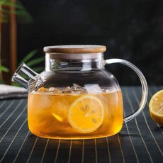 冷水壺家用玻璃水壺涼水壺大容量涼白開水杯套裝耐高溫耐熱泡茶壺, 1個, 可明火加熱【竹木蓋】水壺1000ml(贈瓶口過濾網):如圖, 1L