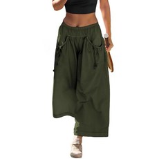 Wyeysyt 여성용 와이드 레그 트랙 팬츠 루즈 드로스트링 신축성 있는 허리 카프리 하이킹 배기 포켓 포함 아미그린 XL
