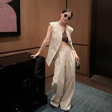 여성 여름 민소매 투피스 린넨 자켓 오버핏 정장 출근룩 오피스룩 세트