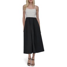 DKNY 여성용 스파게티 스트랩 스웨스하트 넥 투톤 미디 드레스 아이보리/블랙.