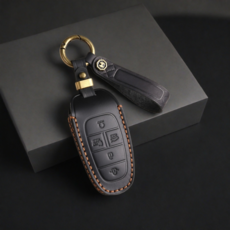 GASUNG 현대 가죽 키케이스 키홀더+ Hyundai차량용 키커버(현대호환 5버튼 7버튼), 신사 블랙