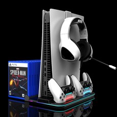 PS5 Slim 多功能散熱充電底座：直立架、手把充電、卡盒收納、RGB燈條, 黑色, 1個