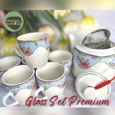 豪華高級感五星級酒店下午茶杯咖啡杯茶壺陶瓷套組 精緻陶瓷 禮盒裝, 藍玫瑰 7in1(6杯1壺)立體花紋, 1個