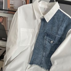 패치워크 셔츠 데님 긴팔 남성용 루즈핏 빈티지 캐주얼 카라넥 남방