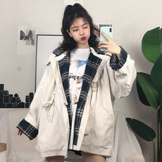 外套 女 防風外套 工裝保暖外套 衝鋒衣 長袖外套大口袋格子潮流韓版寬鬆大碼學生復古港味抽繩百搭拼接工裝外套