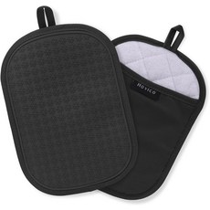 호비코 2PCS 실리콘 냄비 홀더 포켓이 있는 오븐 미트 내열 핫 패드 주방 베이킹 및 요리용 미끄럼 방지 9.8 x 7 인치 수건 천 내부 안감 - 블랙