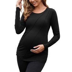 DEBELLY 임산부 긴소매 셔츠 플리츠 크루넥 임산부 상의 여성용 사이드 주름 장식 작업 라운지 다크 그레이. L, 블랙