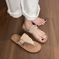 POMTOR 여성용 외출용 발편한 플랫 소가죽 쪼리 여름 비치 플립플랍