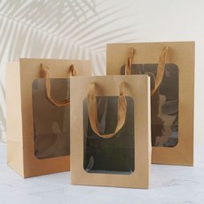 쇼핑백 선물 포장 투명창 가방 손잡이 종이 갈색_ MRE22, 크래프트 18x25, 1개