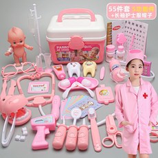 小醫生玩具套裝女孩醫療箱護士兒童打針過家家扮演聽診器寶寶工具, 收納箱55件套+護士服帽子-粉色, 1個