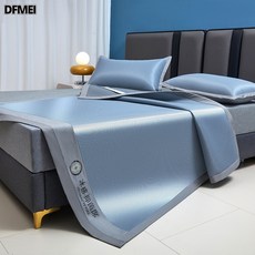 DFMEI 夏季冰絲涼蓆三件套可機洗摺疊學生宿舍單人夏天空調軟席子牀笠款, KEX-夏藍(平鋪款)