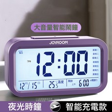 機樂堂LED數顯電子鬧鐘大音量語音播報學生懶人時鐘代發智能, 充電款-紫色【大音量語音播報★星期日期★三組鬧鈴】:如圖