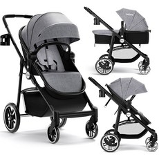 INFANS 2 in 1 유모차 고풍경 유모차 및 리버서블 요람 프램 조절 가능한 캐노피가 있는 접이식, Grey