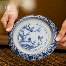 景德鎮青花陶泥花鳥壺承 陶瓷茶盤 壺託 果盤, 1個, 青花陶泥花鳥壺承