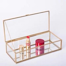 有感選物 復古黃銅金邊玻璃收納盒 水晶消磁盒 乾燥花玻璃盒 首飾收納盒 水晶收納盒 珠寶盒 展示盒, 1個, 長形透明玻璃盒23*10*5.5