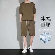 男士夏季五分袖套裝 冰絲休閒運動兩件組