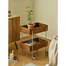 나무 원목 트레이 수납장 카트 2단 바퀴달린 선반 이동식 트롤리 모던 틈새, M. 단일 상자