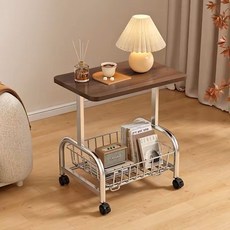 Alemon 원목 이동형 사이드테이블 소파 침대 거실 장식용 철제 사이드테이블, 브라운