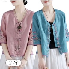 YLEMI 1+1 여성 여름 개량한복 자수 면마 셔츠 브이넥 루즈핏 상의 2장 세트