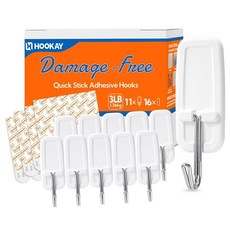 Hookay 1.4kg(3파운드) 와이어 토글 벽 후크 손상 없는 후크 11개 및 걸기 정리 보관을 위한 접착 스트립 16개 도구 없음 주방 욕실 사무실 장식용 탈, 11 Hooks, 16 Strips, 1