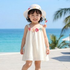 몽실이 플라워장식 쉬폰 나시원피스 모자세트