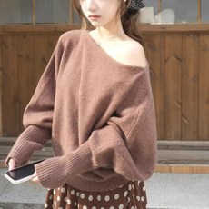 투니스 여성 루즈핏 단색 긴소매 오프숄더 스웨터