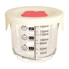 寶寶副食品分裝玻璃儲存盒，附刻度與密封蓋，多功能用途, 【圓形】米白紅臉, 1個, 180ml