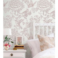 Safiyya 블루 화이트 필 앤 스틱 벽지 꽃 새 나비 접촉 용지 43.9cm x 500.4cm(17.3인치 x 197인치) 빈티지 벽 종이 자체 접착 탈착식 벽지 침실 욕실, Pink and White