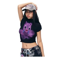 iscreamcolour MOF 原創色彩塗鴉T-Shirts Y2K 辣妹 美式 童裝上衣, 橘粉色小棕熊,F