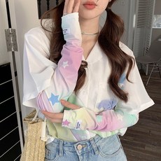 冰絲新款手套袖套冰袖遮陽夏季女花朵防紫外線防曬袖護手寬鬆DD星星-黃粉藍均碼, 1個, 均碼