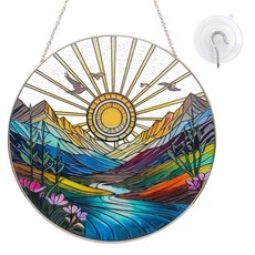 NCJXWZ SUN 선캡 MOUNTAIN 마운틴s 스테인드 글라스 창문 걸이식 선캐처 - 25.1cm(9.9인치) 햇빛 차단 유리 패널 체인 포함 핸드 페인팅 라운드 아트