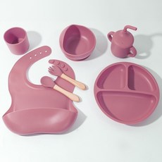 矽膠餐具套裝 副食品碗 寶寶餐盤 兒童分格盤 嬰兒吸盤式食品級矽膠碗 矽膠勺 矽膠水杯 矽膠圍兜套裝, 酒紅 禮盒裝, 1個