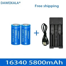 5800mAh 충전식 3.7V 리튬 이온 16340 배터리 LED 손전등 벽 충전기 용 CR123A 배터리 16340 CR123A 배터리, 05 COR2pcs