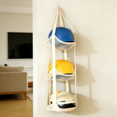 壁掛式球類收納掛袋 門後運動器材收納袋 足球籃球排球收納架, 米白色【三層】贈送强力粘貼