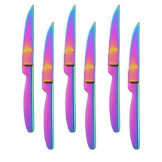 QRU 6피스 톱니 스테이크 나이프 세트 스테인리스 스틸 주방 및 디너 나이프 - 매우 날카롭고 식기 세척기 사용 가능 고기 쇠고기 및 가족 식사에 적합 21.6cm(8, Rainbow