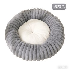 寵物床 圓形加厚保暖睡窩 仿兔毛可拆洗防滑貓狗睡墊, 1個, 條紋兔毛-淺灰色