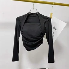 여성용 섹시한 짧은 백리스 고정 가슴 패드 스포츠 티셔츠 조끼 타이트한 피팅 빠른 건조 슬리밍 세트, 01 XL, 04 Black