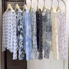 外穿打底衫 薄款印花修身t恤女 冰絲網紗長袖打底衫 內搭上衣