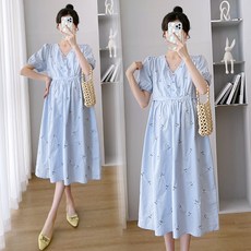 여름 임부복 V넥 순면 드레스 원피스 반팔 임산부 패션 편안한 플러스 사이즈 모유 수유