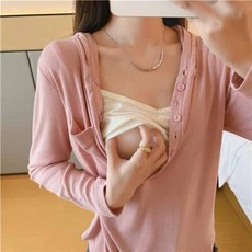 임산부 수유 긴팔티 데일리 출산 후 수유복 순면 긴팔 티셔츠 패션 맘 외출 단추형 투피스 모유수유 의상 JXH