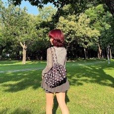 波點單肩尼龍布包 大容量收納手提包, 白色, 1個