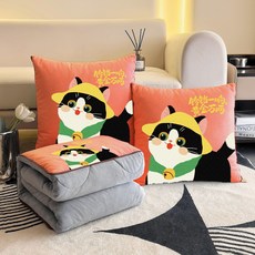 겨울용 기모 안감 두꺼운 크리스탈 벨벳 베개 겸 이불 2-in-1 침실 및 차량용 쿠션, 40*40cm를 펼치면 100*150 ±3cm, 골든 0kg 캣 두꺼운 크리스탈 벨벳