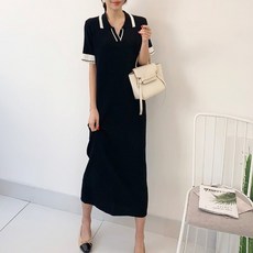 Funny girls 女款Polo領拼色短袖針織連身裙