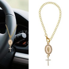 Lyreh 스티어링 휠 묵주 펜던트 가톨릭 자동차 액세서리 성모 마리아 및 십자가 백미러 걸이용 묵주 참 (골드), Lyreh 스티어링 휠 묵주 펜던트, 가톨릭 자동차 액