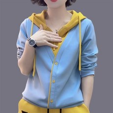 TKX 여성용 배색 후드 티셔츠 봄 가을 코튼 블렌드 캐주얼 통기성 좋은 엄마 패션