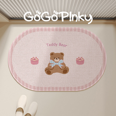 테디베어 욕실 매트 리넨 방수 미끄럼 방지 프리미엄 핑크, 1개, 스트라이프 케이크